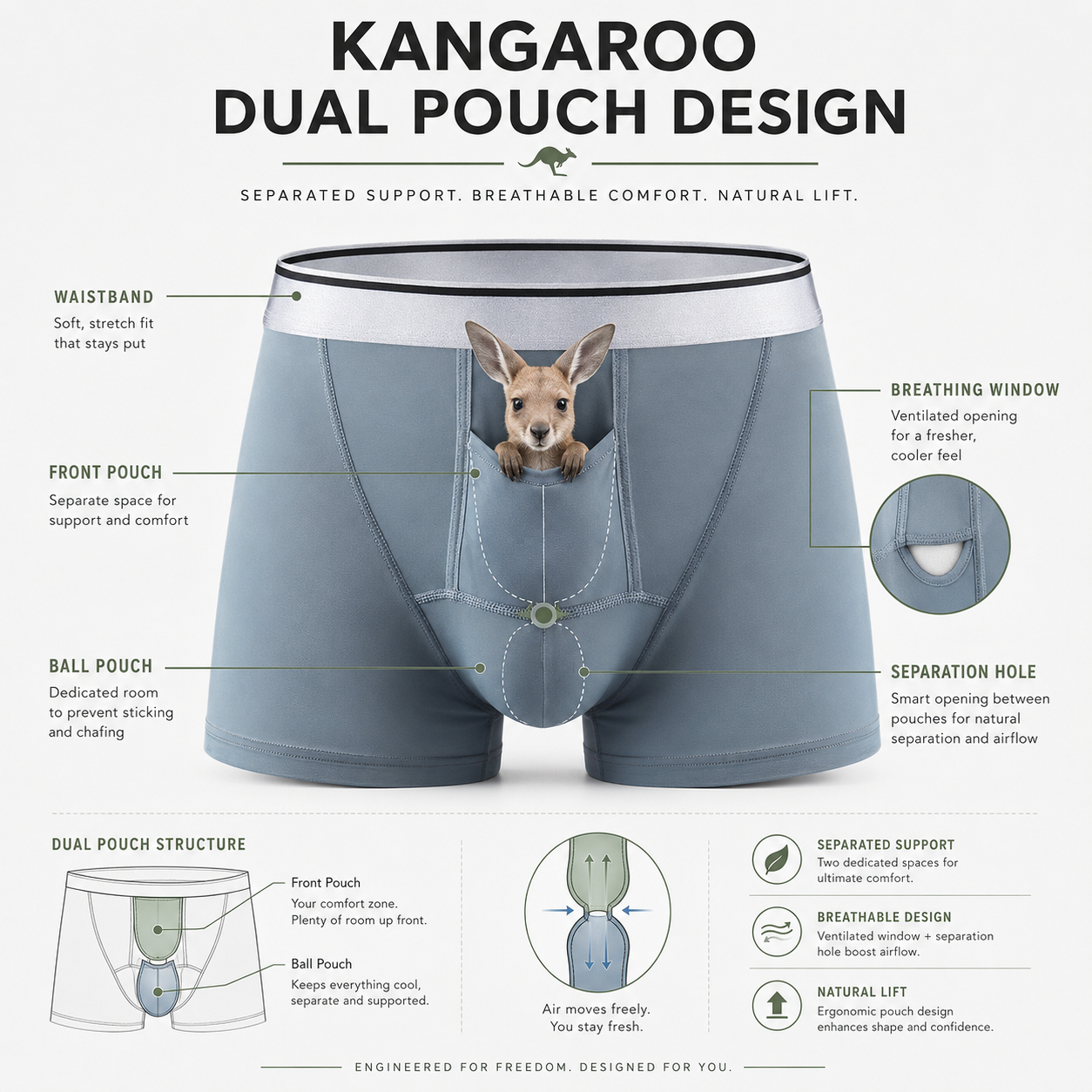 kangaroo dual pouch underwear with breathable ball pouch for reducing sticking